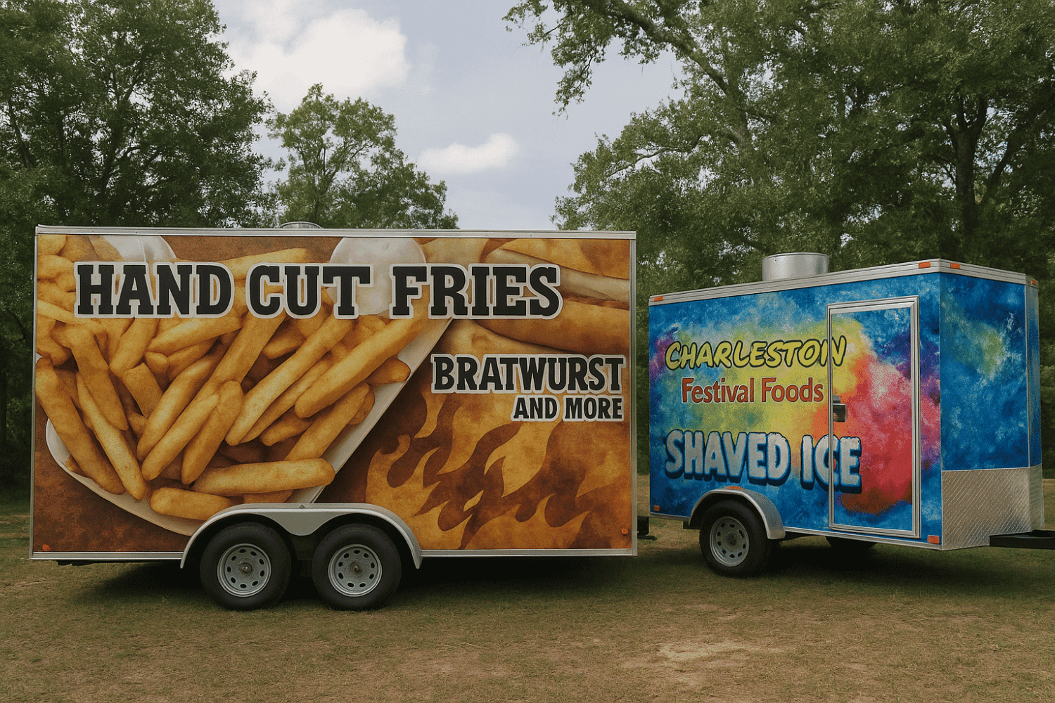 Food trucks offering hand-cut fries, bratwurst, and shaved ice at a park.
